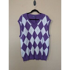 Kings Cross Purple White V Neck Argyle Sweater Vest 100% Cotton Sz L Golfwear